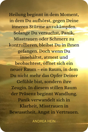 Zitat von Andrea Hein über Heilung durch Annehmen: Wenn wir aufhören, gegen unsere inneren Stürme zu kämpfen, verwandeln sich Panik und Misstrauen in Klarheit und Bewusstheit.