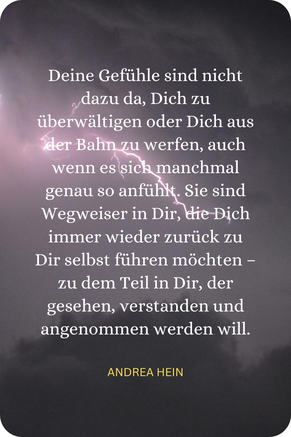 Ein Blitz durchzieht einen dunklen Himmel, während ein Zitat darüber spricht, dass selbst überwältigende Gefühle uns zurück zu uns selbst führen und uns helfen können, uns tiefer zu verstehen und zu heilen.