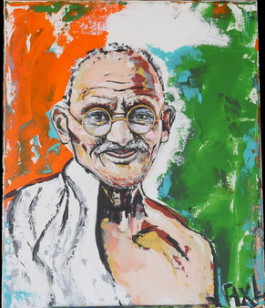 Peinture colorée acrylique portrait mohandas Gandhi sari blanc paix drapeau inde