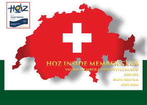 HOZ Inside Member Club – Switzerland Card 2025–2026 mit roter Schweizkarte und weissem Kreuz.
