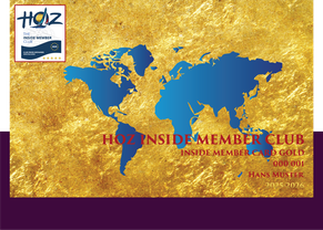 HOZ Inside Member Club – Worldwide Gold Card 2025–2026 mit goldener Textur und blauer Weltkarte.