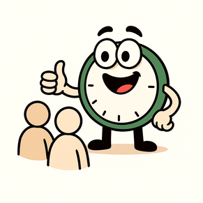 Uhrli, das ZeitTausch-Maskottchen, zeigt mit erhobenem Daumen auf eine Gruppe von Menschen.