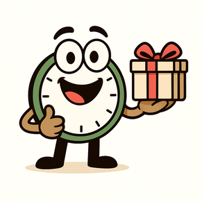 Uhrli, das ZeitTausch-Maskottchen, hält ein Geschenkpaket in der Hand und zeigt mit dem Daumen nach oben.