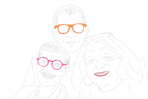 A drawing with a white background. On it are Three people, close together. on the left is a aoung trans man, grinning and wearing pink round glasses. In the middle is a trans man wearing orange glasses. On the right is a middle aged plus sized trans woman