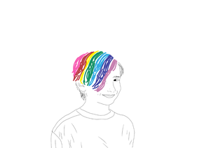 A drawing with a white background. On it is a child of undetermined gender. Their hair is short and dyed in the colours of the rainbow flag. They are smiling