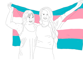 A drawing with a white background. On it are two trans women, holding a trans pride flag behind themselves