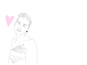 A drawing with a white background. On it is a trans man. He is wearing a binder, above it he has tattoos of stars. He is smiling and looks relaxed. Next to him a pink heart is drawn