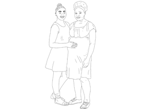 A drawing with a white brackground. On it are two women wearing dresses. The woman on the left has a bun and dark bushy eyebrows. One hand rests on the other womans belly. The other woman has an afro tied back with a hair band and is pregnant.