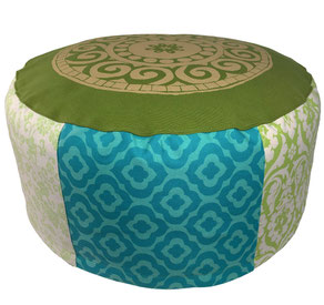Bodensitzkissen rund hoehe ca. 25 cm mit mandala in gold in blau grün natur für wohnbereich