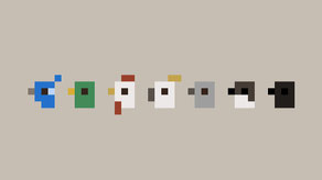 Une devinette - graphique pixel art, qui représente 7 têtes des oiseaux sur un fond beige dessiné par Franciszek Nowotniak.