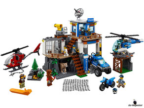 Im Paket Lego 60174 Hauptquartier der Bergpolizei sind 663 Einzelteile, ein Hauptquartier, ein Polizeihubschrauber, ein Ganovenhubschrauber, ein Motocross-Motorrad, ein Polizeichef, ein Pilot, zwei Polizisten, drei Ganoven mit viel Zubehör enthalten.