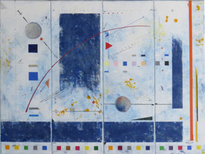 Composition géométrique abstraite aux formes colorées inspirée de Kandinsky et Miró
