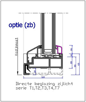 ↓    VT-stone dorpel met directe beglazing zijlicht, directe beglazing. in KOC aangeduid met zb. ↓ 