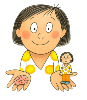 Frau streckt Hände nach vorn, auf einer Hand "DU", auf der anderen Miniaturversion von sich – ADHS, Selbst- und Fremdwahrnehmung bei bricklebrit