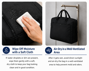 Wipe moisture from a water-repellent business bag with a soft cloth and air-dry it in a well-ventilated area after rain.