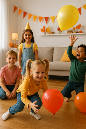 Kinder spielen drinnen beim Kindergeburtstag lustige Indoor-Spiele im Herbst und Winter.