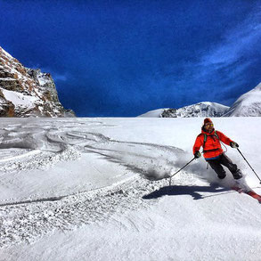 Telemark is a skiing technique that combines elements of Alpine and Nordic skiing. A descent on Adler Pass Switzerland