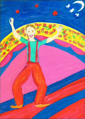 The Juggler, Cirque Bidon, oil on paper, 24 x 33 cm Venice, 1998.
