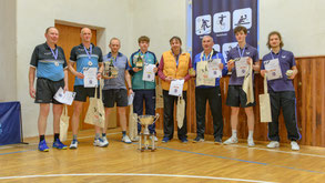 Sieger des 41. Osterturniers (v.l.): G. Rüdiger & D. Axt (2. Platz TTV Oberböhmsdorf), C. Reißmann & F. Mager (1. Platz SV Coschütz), J. Minařík & K. Provaznik (3. Platz TJ Sokol Velká Hleďsebe), H. Glaß & R. Süß (3. Platz SG BW Reichenbach) | Bild: gf