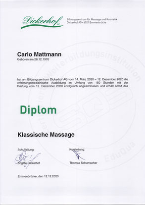Diplom Klassische Massage Carlo Mattmann Dietwil