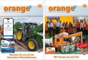Man sieht zwei Ausgaben der Hauszeitschrift „Orange³".