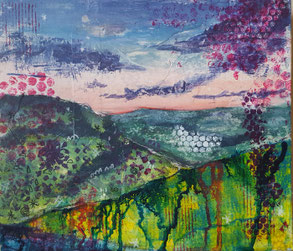 "View North from Old Shaftesbury Drove" 27.5 x 30.5cm, mixed media on cradled board. VNOSD01mm. 