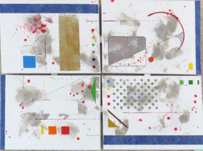 Composition géométrique abstraite aux formes colorées inspirée de Kandinsky et Miró