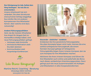 Eine selbstbewusste Frau lächelt den Betrachter an. Sie sitzt an ihrem Schreibtisch, vor sich hat sie einen aufgeklappten Laptop. Sie spricht souverän mit ihrem Gegenüber. Wie das geht, erleben Sie auf Ihrem Königsweg.