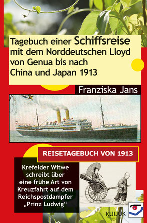 Auf dem Cover des Reisetagebuchs sind Fotos von Pflanzen und alte Zeichnungen eines Schiffes und einer Frau, die in einer Rikscha gezogen wird.
