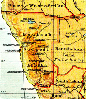 Abb. 1: Deutsch-Südwest-Afrika - zeitgenössische Karte, Bild: Anonym Unknown author, Public domain, via Wikimedia Commons.*