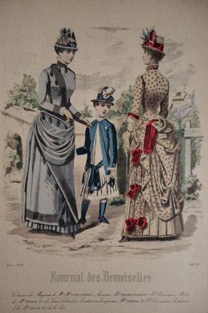 Fashion plate print with two ladies wearing Victorian-era bustle dresses, and a child