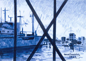 Blick von der Überseebrücke auf den Hamburger Hafen Hamburg Filzstiftzeichnung Zeichnung Blau 2023 Enno Franzius Bildender Künstler Zeichner