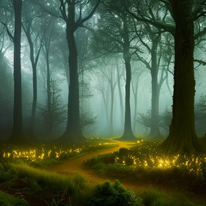 Bild. Waldweg, der am Rand mit kleinen Lichtern beleuchtet wird. Gesäumt von Bäume. Neblig.