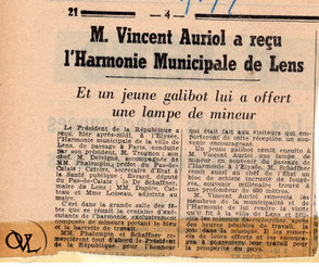 Lens Harmonie Municipale orchestre à vents Vincent Auriol Président de la République Palais de l'Élysée article de presse journal