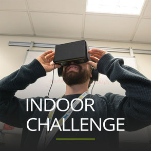Mann mit VR Brille, Schriftzug: INDOOR CHALLENGE