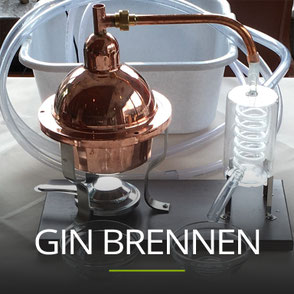 Tischdestille mit Glaskühler, Schriftzug: GIN BRENNEN