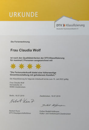 DTV-Klassifizierung Sterne Tourismusverband Ferienwohnung Zweibrücken Denisstraße 23 Kleine Stadtvilla am Fasanerieberg Ferienwohnung Wolf-Schwarz