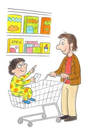 Ein Vater geht mit seinem Kind einkaufen. Das Kind zeigt auf Regale und Produkte, lernt spielerisch über Geld und wird von den Eltern aktiv begleitet.