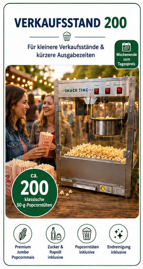 Popcorn Verkaufsstand 200 mit Popcornmaschine und 200 klassischen 50-g-Popcorntüten für kleinere Verkaufsstände