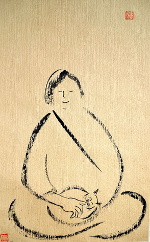 Meditation mit Katze/Sumie-e auf Tapete/1985/49,3x80,0cm/ID: P77-1476