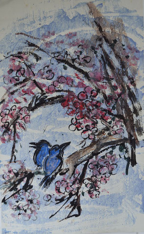 2 Vögel im Blütenbaum/52,3x84,0cm/ID: 8S48-981
