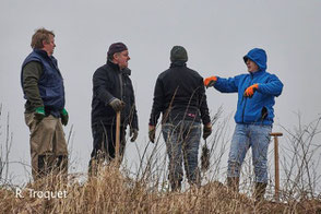 Des volontaires discutent ensemble sur le chantier de plantation de haie