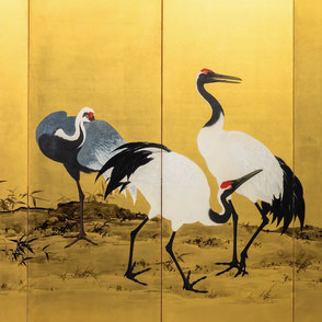 Mochizuki Gyokkei (1874-1938) | Pair of six-panel painted screens with Cranes
