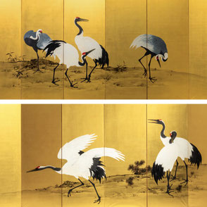 Mochizuki Gyokkei (1874-1938) | Pair of six-panel painted screens with Cranes