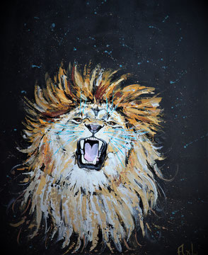 peinture acrylique sur toile tête de lion qui rugit crinière en feu dorée moustaches bleues original