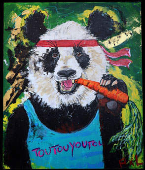 Peinture tableau colorée drôle acrylique panda qui mange une carotte avec marcel toutouyoutou et bandana