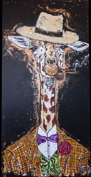 peinture tableau acrylique girafe habillée costume cubain veste carreaux avec pipe et chapeau panama