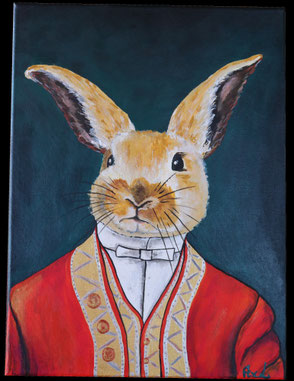 tableau peinture acrylique style ancien lapin habillé costume élégant 