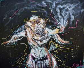 Tableau comique coloré chèvre fumant un joint un pétard, chèvre drôle funny goat pop art art contemporain de chèvre