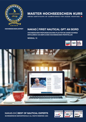 Laptop mit geöffneter digitaler Lernplattform NAKAD | FIRST NAUTICAL GPT® für den HOZ Master Hochseeschein-Kurs (Modul 11).